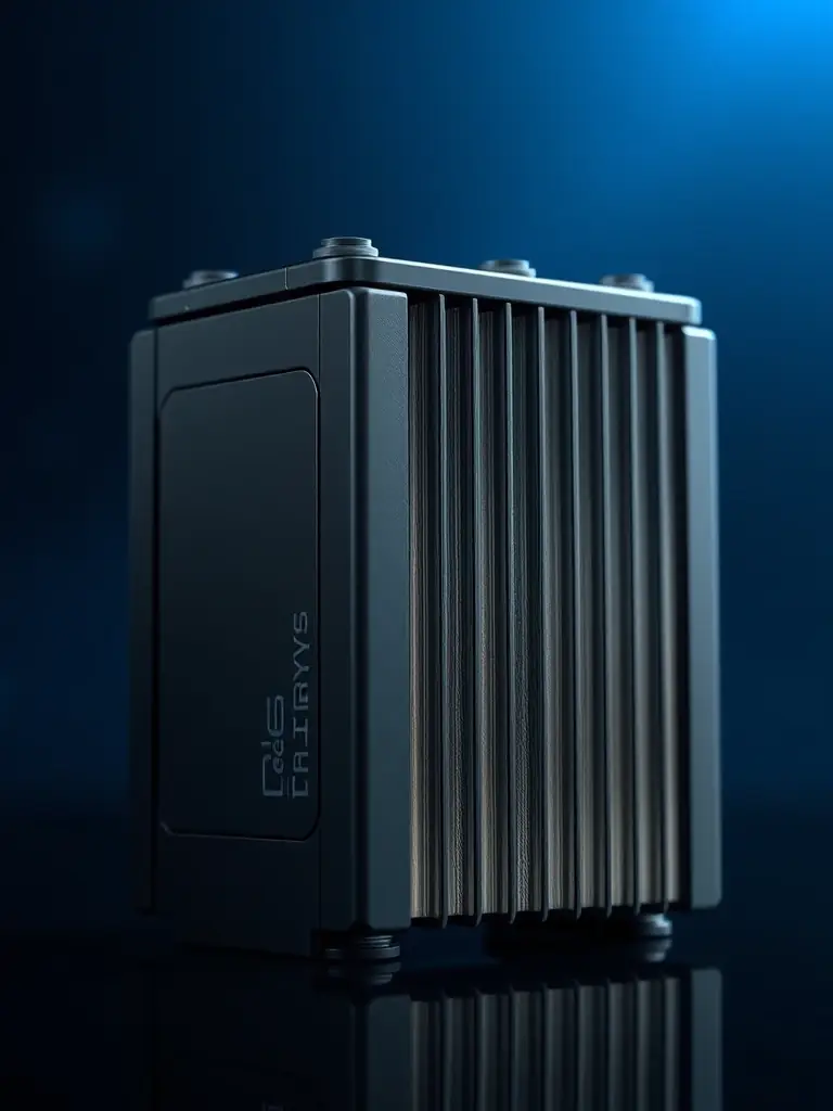 A close-up shot of a NETenergy thermal battery module, showcasing its compact design and advanced composite materials, set against a backdrop of a modern data center.