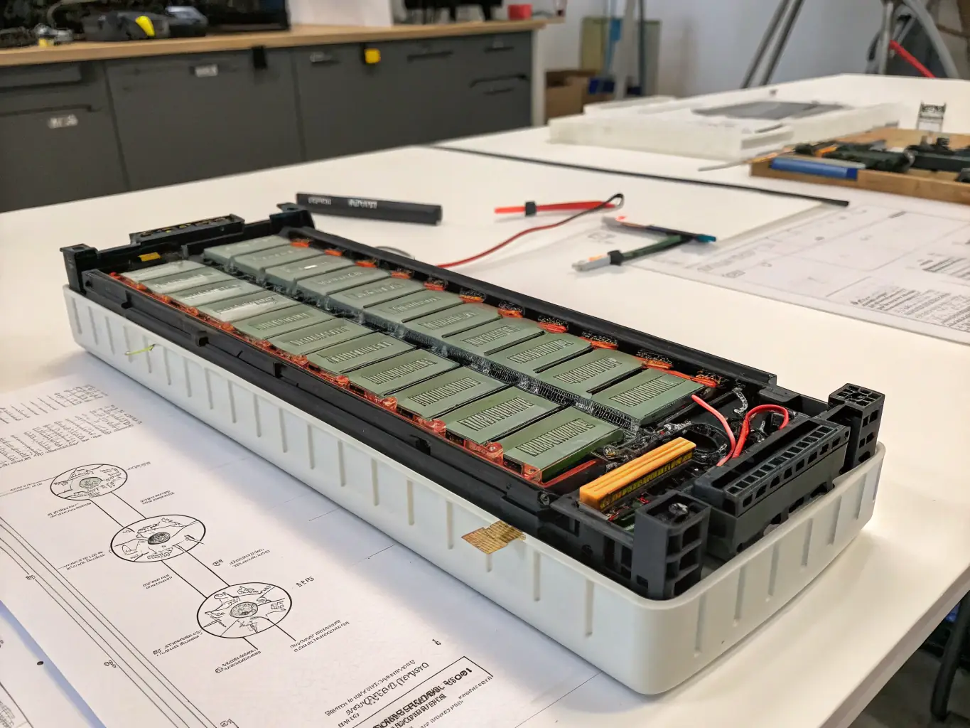 A detailed image of a NETenergy thermal battery integrated within an electric vehicle battery pack, showcasing its compact size and efficient heat dissipation capabilities.