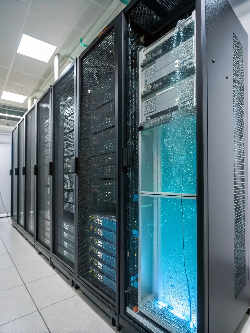 A thermal imaging graphic showing the heat dissipation process of a NETenergy thermal battery in a data center, illustrating its effectiveness in cooling servers.