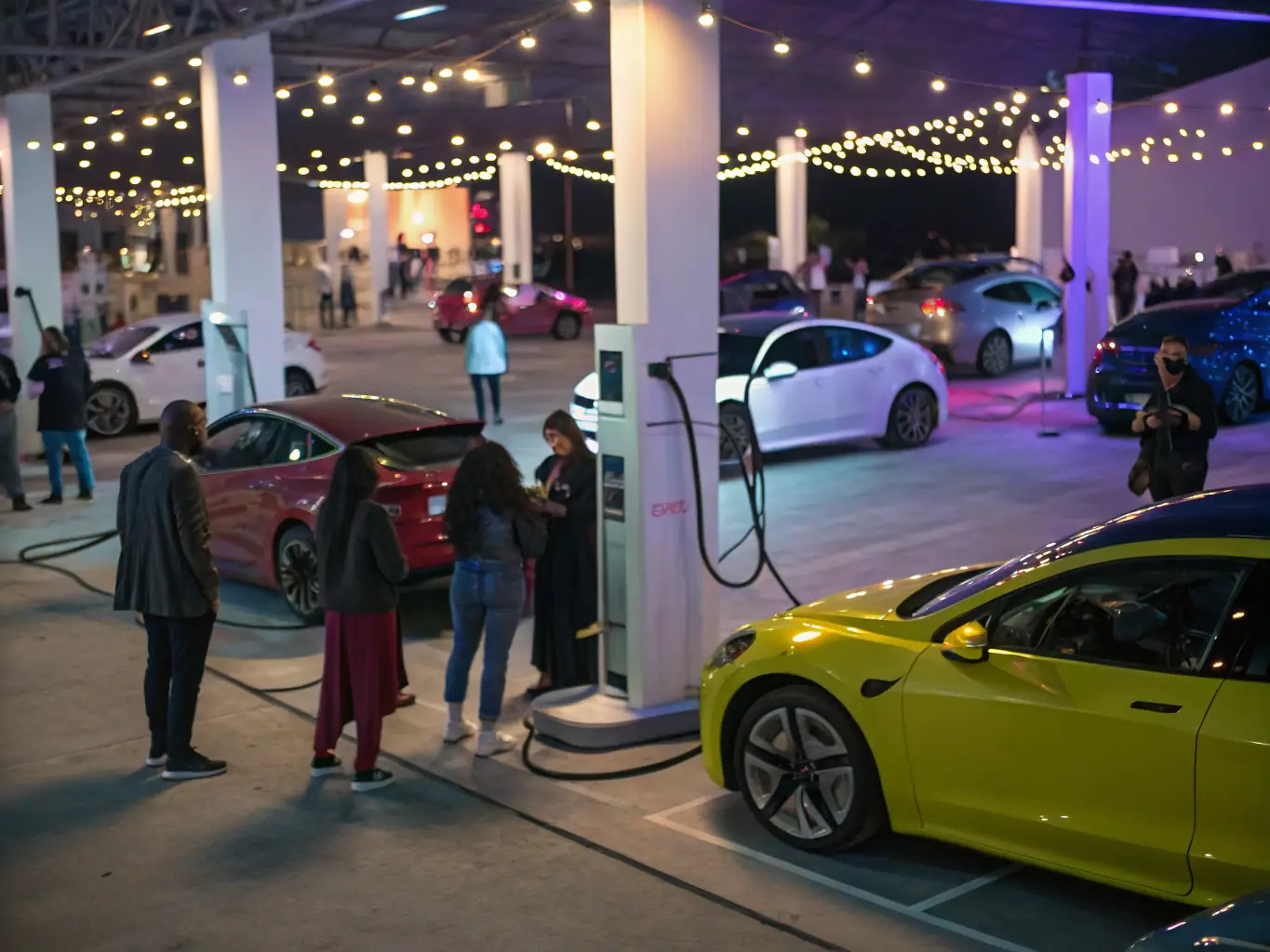 A high-angle shot of a modern electric vehicle charging station with multiple EVs plugged in, emphasizing the advanced battery technology and thermal management systems within the vehicles.